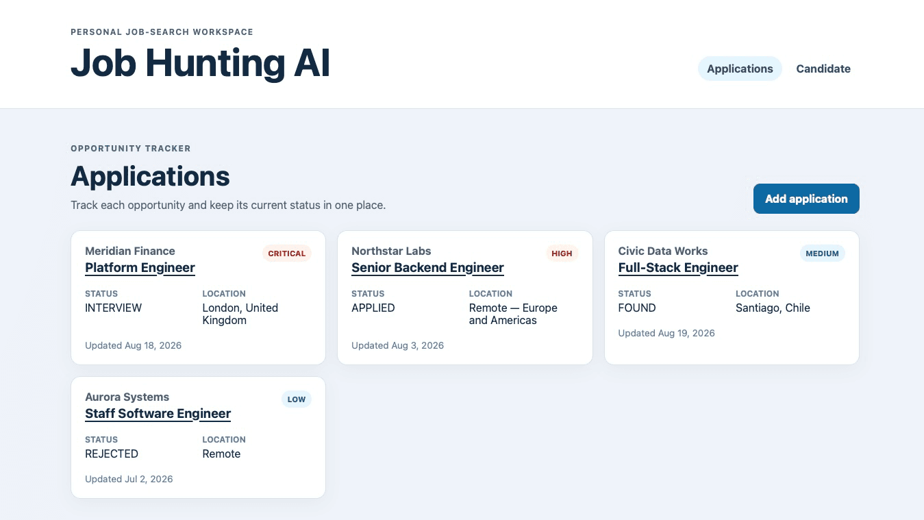 Applications dashboard of the Job Hunting AI workspace